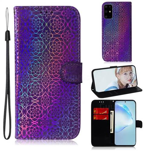 Laser Circle Shining Leather Wallet Phone Case for Samsung Galaxy S20 Ultra / S11 Plus - Purple