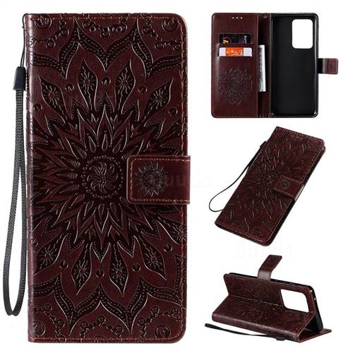Embossing Sunflower Leather Wallet Case for Samsung Galaxy S20 Ultra / S11 Plus - Brown