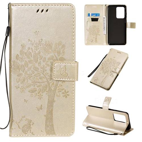 Embossing Butterfly Tree Leather Wallet Case for Samsung Galaxy S20 Ultra / S11 Plus - Champagne