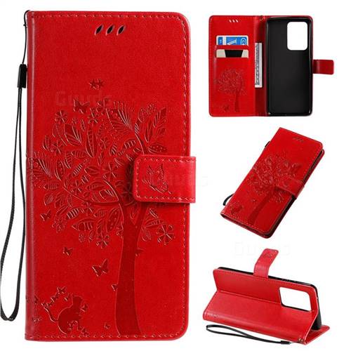 Embossing Butterfly Tree Leather Wallet Case for Samsung Galaxy S20 Ultra / S11 Plus - Red