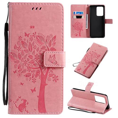 Embossing Butterfly Tree Leather Wallet Case for Samsung Galaxy S20 Ultra / S11 Plus - Pink