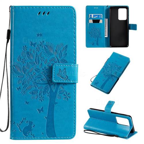 Embossing Butterfly Tree Leather Wallet Case for Samsung Galaxy S20 Ultra / S11 Plus - Blue