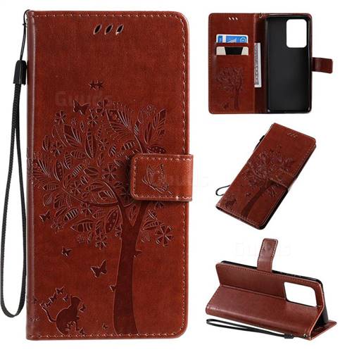 Embossing Butterfly Tree Leather Wallet Case for Samsung Galaxy S20 Ultra / S11 Plus - Coffee