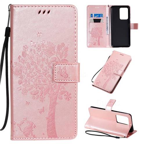 Embossing Butterfly Tree Leather Wallet Case for Samsung Galaxy S20 Ultra / S11 Plus - Rose Pink