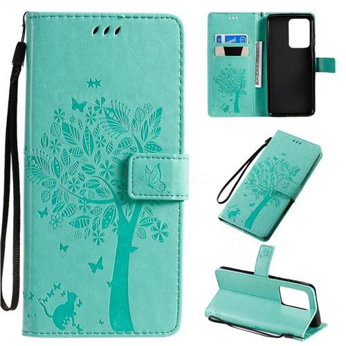Embossing Butterfly Tree Leather Wallet Case for Samsung Galaxy S20 Ultra / S11 Plus - Cyan