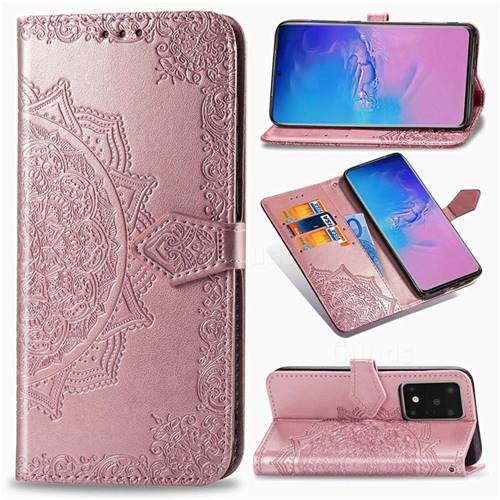 Embossing Imprint Mandala Flower Leather Wallet Case for Samsung Galaxy S20 Ultra / S11 Plus - Rose Gold