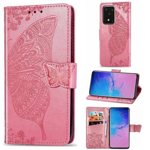 Embossing Mandala Flower Butterfly Leather Wallet Case for Samsung Galaxy S20 Ultra / S11 Plus - Pink