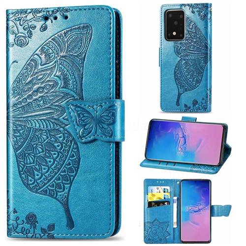 Embossing Mandala Flower Butterfly Leather Wallet Case for Samsung Galaxy S20 Ultra / S11 Plus - Blue