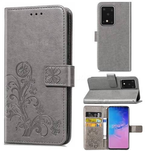 Embossing Imprint Four-Leaf Clover Leather Wallet Case for Samsung Galaxy S20 Ultra / S11 Plus - Grey