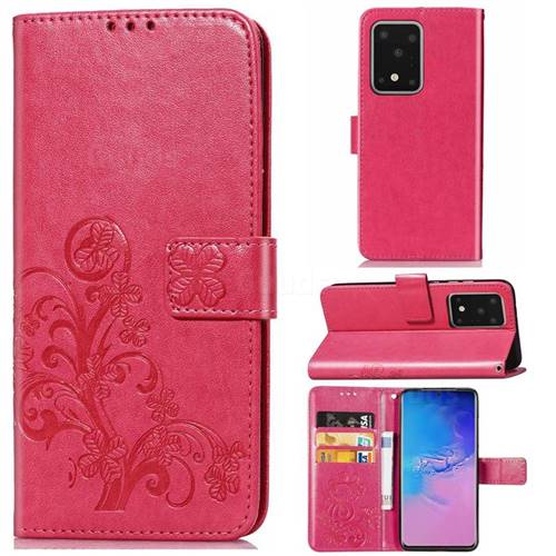 Embossing Imprint Four-Leaf Clover Leather Wallet Case for Samsung Galaxy S20 Ultra / S11 Plus - Rose