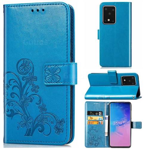 Embossing Imprint Four-Leaf Clover Leather Wallet Case for Samsung Galaxy S20 Ultra / S11 Plus - Blue