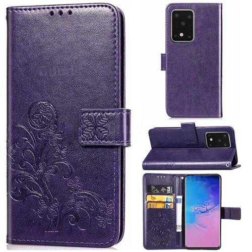Embossing Imprint Four-Leaf Clover Leather Wallet Case for Samsung Galaxy S20 Ultra / S11 Plus - Purple