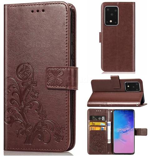 Embossing Imprint Four-Leaf Clover Leather Wallet Case for Samsung Galaxy S20 Ultra / S11 Plus - Brown