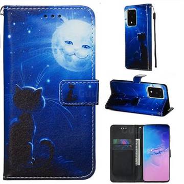 Cat and Moon Matte Leather Wallet Phone Case for Samsung Galaxy S20 Ultra / S11 Plus