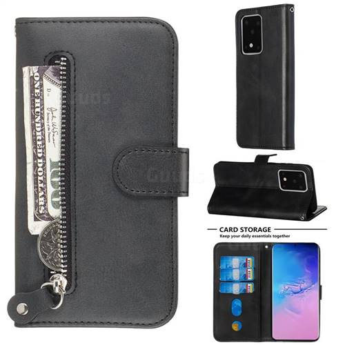 Retro Luxury Zipper Leather Phone Wallet Case for Samsung Galaxy S20 Ultra / S11 Plus - Black