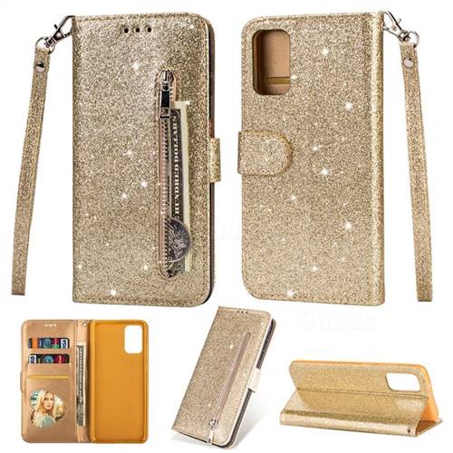 Glitter Shine Leather Zipper Wallet Phone Case for Samsung Galaxy S20 Ultra / S11 Plus - Gold