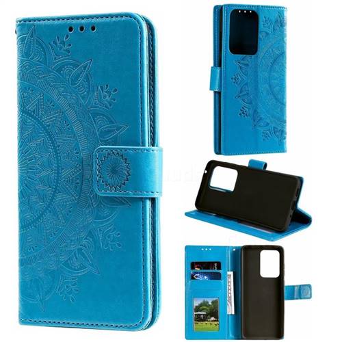 Intricate Embossing Datura Leather Wallet Case for Samsung Galaxy S20 Ultra / S11 Plus - Blue