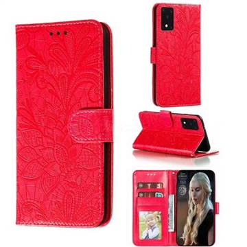 Intricate Embossing Lace Jasmine Flower Leather Wallet Case for Samsung Galaxy S20 Ultra / S11 Plus - Red