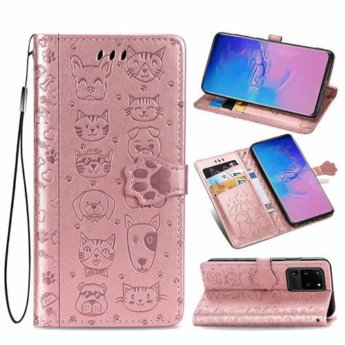 Embossing Dog Paw Kitten and Puppy Leather Wallet Case for Samsung Galaxy S20 Ultra / S11 Plus - Rose Gold