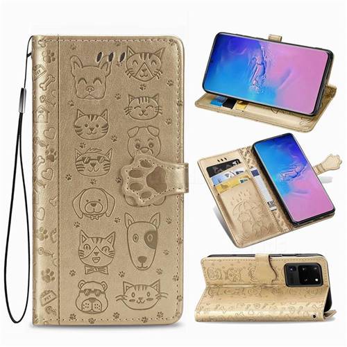 Embossing Dog Paw Kitten and Puppy Leather Wallet Case for Samsung Galaxy S20 Ultra / S11 Plus - Champagne Gold