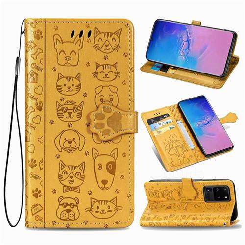 Embossing Dog Paw Kitten and Puppy Leather Wallet Case for Samsung Galaxy S20 Ultra / S11 Plus - Yellow