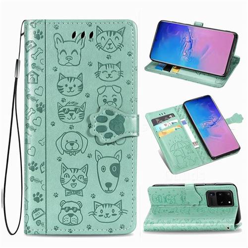 Embossing Dog Paw Kitten and Puppy Leather Wallet Case for Samsung Galaxy S20 Ultra / S11 Plus - Green