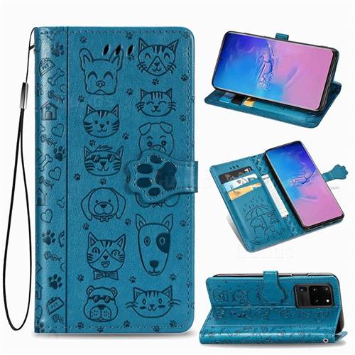 Embossing Dog Paw Kitten and Puppy Leather Wallet Case for Samsung Galaxy S20 Ultra / S11 Plus - Blue