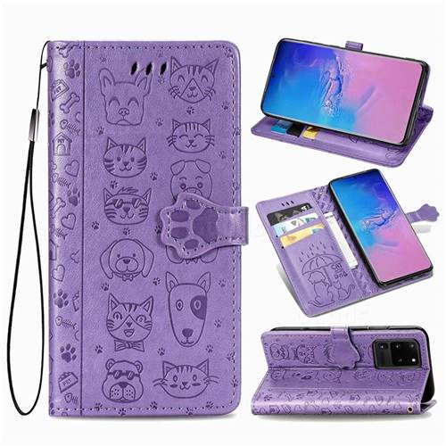 Embossing Dog Paw Kitten and Puppy Leather Wallet Case for Samsung Galaxy S20 Ultra / S11 Plus - Purple
