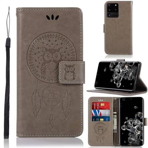 Intricate Embossing Owl Campanula Leather Wallet Case for Samsung Galaxy S20 Ultra / S11 Plus - Grey