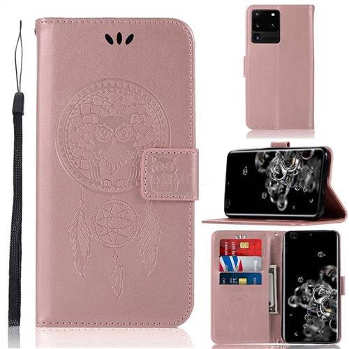 Intricate Embossing Owl Campanula Leather Wallet Case for Samsung Galaxy S20 Ultra / S11 Plus - Rose Gold