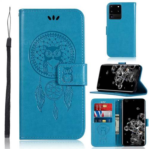 Intricate Embossing Owl Campanula Leather Wallet Case for Samsung Galaxy S20 Ultra / S11 Plus - Blue