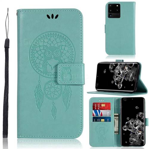 Intricate Embossing Owl Campanula Leather Wallet Case for Samsung Galaxy S20 Ultra / S11 Plus - Green