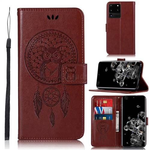Intricate Embossing Owl Campanula Leather Wallet Case for Samsung Galaxy S20 Ultra / S11 Plus - Brown