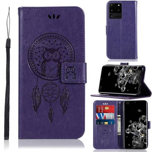 Intricate Embossing Owl Campanula Leather Wallet Case for Samsung Galaxy S20 Ultra / S11 Plus - Purple