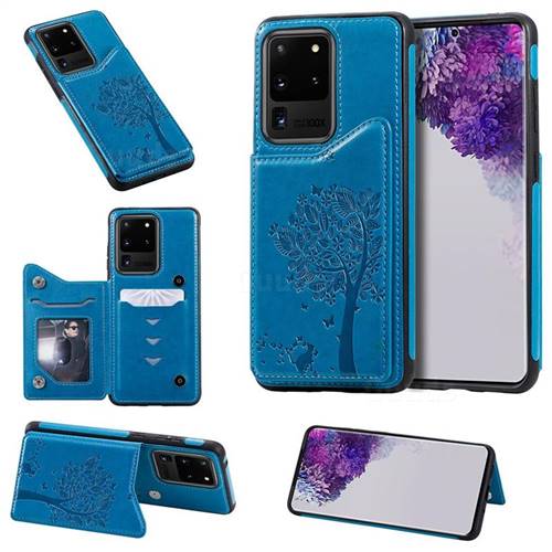 Luxury R61 Tree Cat Magnetic Stand Card Leather Phone Case for Samsung Galaxy S20 Ultra / S11 Plus - Blue