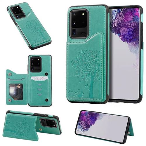 Luxury R61 Tree Cat Magnetic Stand Card Leather Phone Case for Samsung Galaxy S20 Ultra / S11 Plus - Green