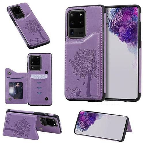 Luxury R61 Tree Cat Magnetic Stand Card Leather Phone Case for Samsung Galaxy S20 Ultra / S11 Plus - Purple