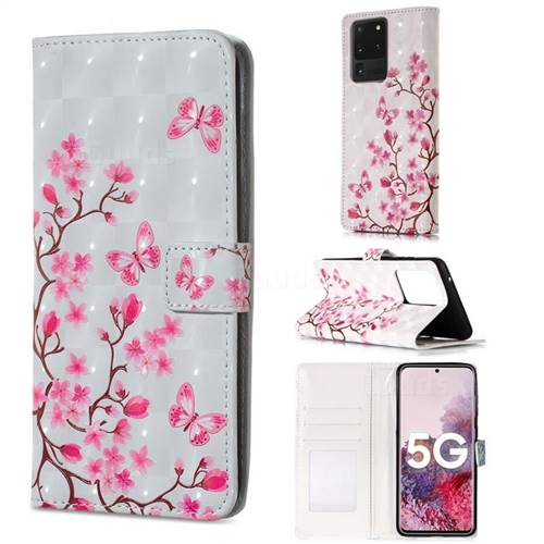 Butterfly Sakura Flower 3D Painted Leather Phone Wallet Case for Samsung Galaxy S20 Ultra / S11 Plus