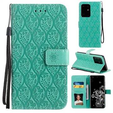 Intricate Embossing Rattan Flower Leather Wallet Case for Samsung Galaxy S20 Ultra / S11 Plus - Green