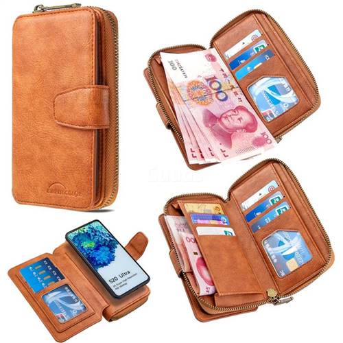 Binfen Color Retro Buckle Zipper Multifunction Leather Phone Wallet for Samsung Galaxy S20 Ultra / S11 Plus - Brown
