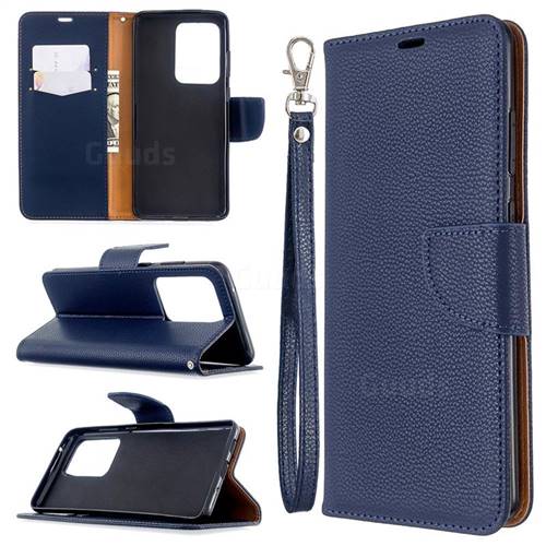 Classic Luxury Litchi Leather Phone Wallet Case for Samsung Galaxy S20 Ultra / S11 Plus - Blue