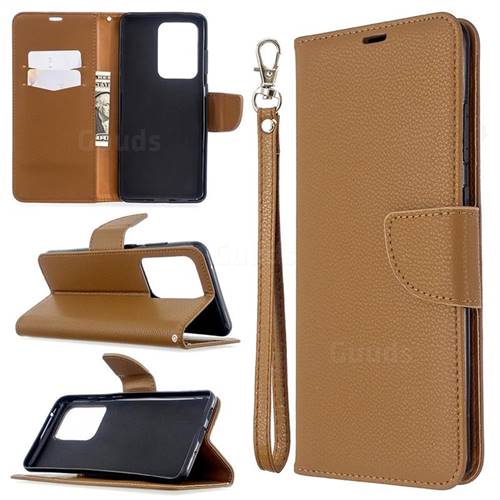 Classic Luxury Litchi Leather Phone Wallet Case for Samsung Galaxy S20 Ultra / S11 Plus - Brown