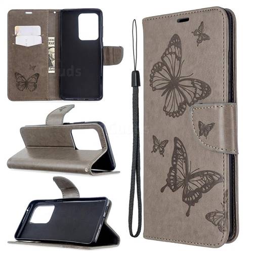Embossing Double Butterfly Leather Wallet Case for Samsung Galaxy S20 Ultra / S11 Plus - Gray