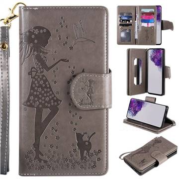 Embossing Cat Girl 9 Card Leather Wallet Case for Samsung Galaxy S20 Ultra / S11 Plus - Gray
