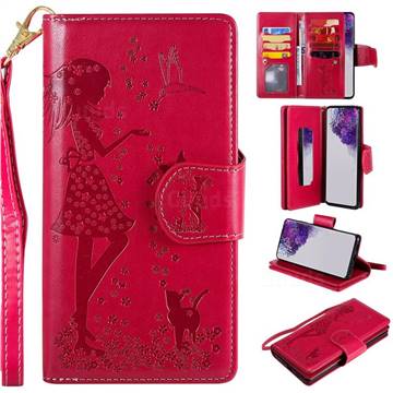 Embossing Cat Girl 9 Card Leather Wallet Case for Samsung Galaxy S20 Ultra / S11 Plus - Red