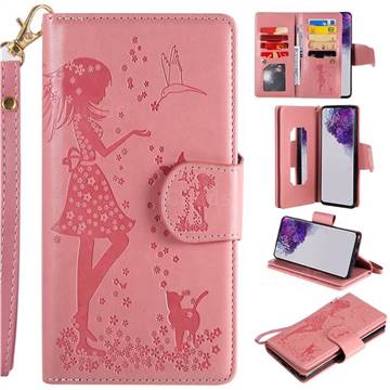 Embossing Cat Girl 9 Card Leather Wallet Case for Samsung Galaxy S20 Ultra / S11 Plus - Pink