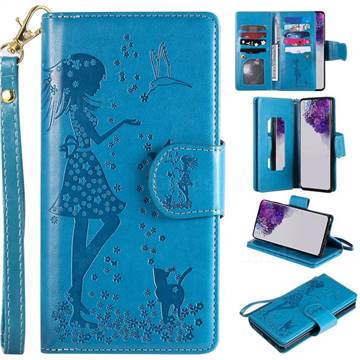 Embossing Cat Girl 9 Card Leather Wallet Case for Samsung Galaxy S20 Ultra / S11 Plus - Blue