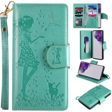 Embossing Cat Girl 9 Card Leather Wallet Case for Samsung Galaxy S20 Ultra / S11 Plus - Green