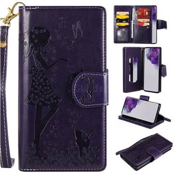 Embossing Cat Girl 9 Card Leather Wallet Case for Samsung Galaxy S20 Ultra / S11 Plus - Purple