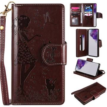 Embossing Cat Girl 9 Card Leather Wallet Case for Samsung Galaxy S20 Ultra / S11 Plus - Brown